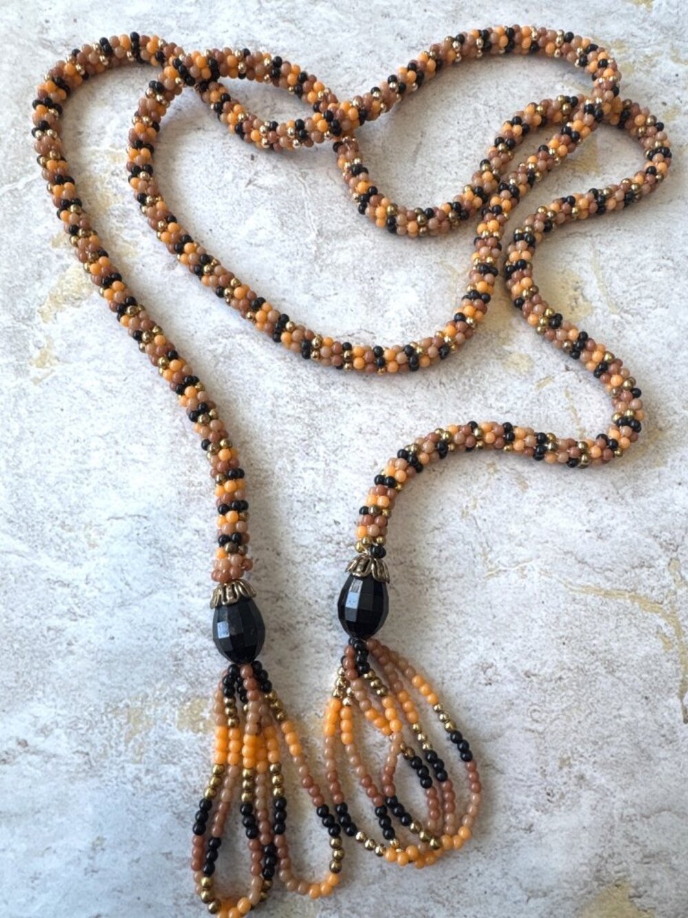 Vintage Black Orange Brown Bead Crochet Flapper Style Necklace Estate Jewelry